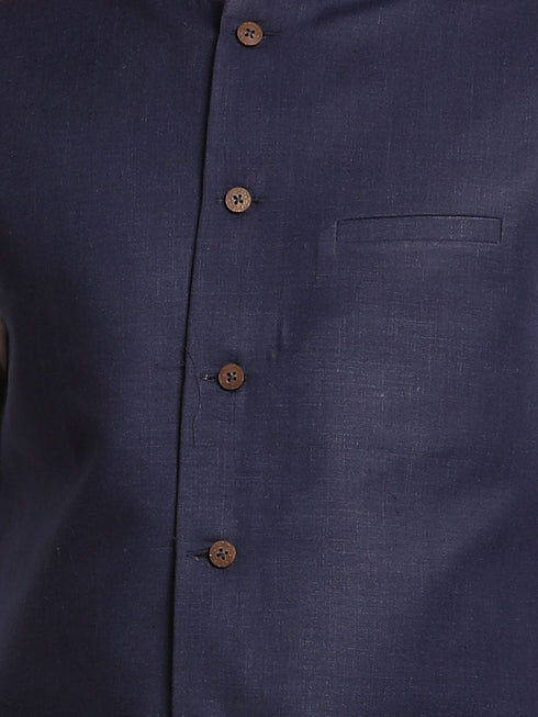 Vastramay Men's Navy Blue Solid Cotton Nehru Jacket With Aqua Blue Kurta And White Pyjama Set
